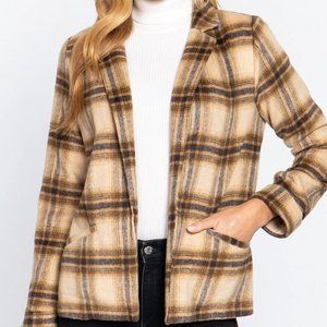 Women's Brown & Taupe Notched Collar Plaid Jacket